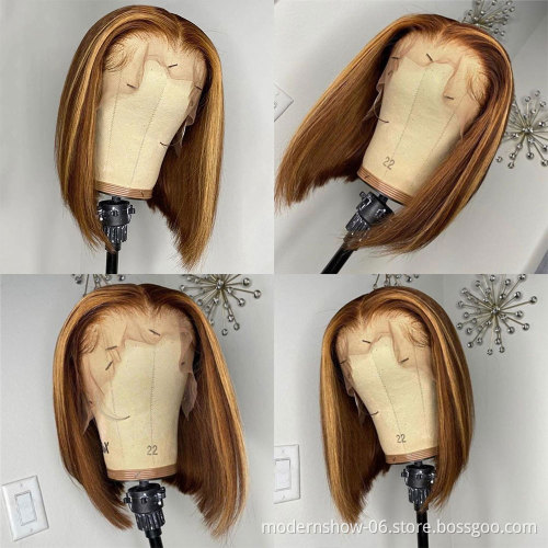 Highlight Color Lace Front Human Hair Wigs 150% Density Brazilian Virgin Straight Hair Blonde Short Bob Glueless T Lace Wigs